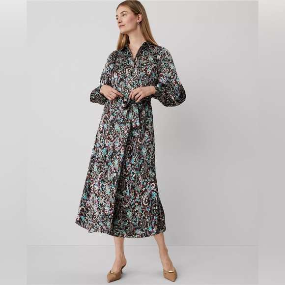 NWT Ann Taylor Midi Long Sleeve Floral Paisley Belted Buttoned Shirtdress - Picture 2 of 14